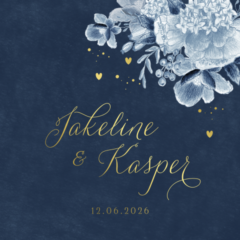 Trouwkaart blauw getekend bloemen takje goudfolie