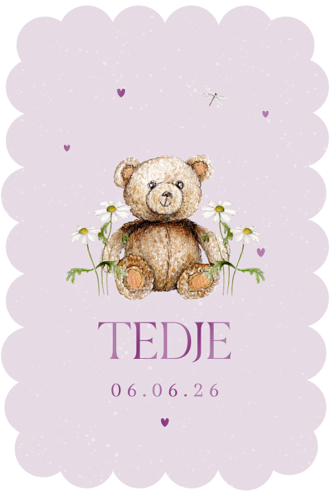 geboortekaartje teddybeer madelief paars