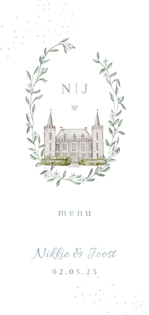 Menukaart chique krans getekend kasteel henkenshage