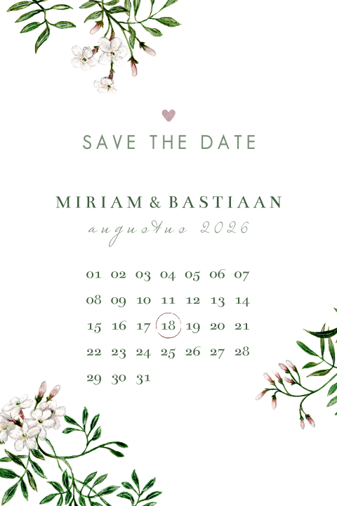 Chique save the date met botanische jasmijn takken