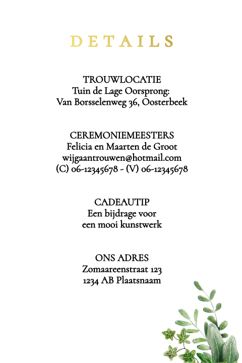 extra informatie kaartje botanisch modern blaadjes groen goudfolie