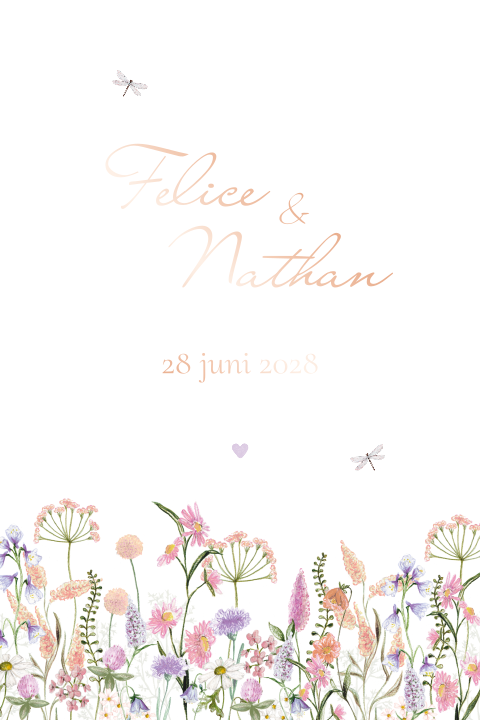 Inleg Trouwkaart veldbloemen lila perzik libelle rosefolie