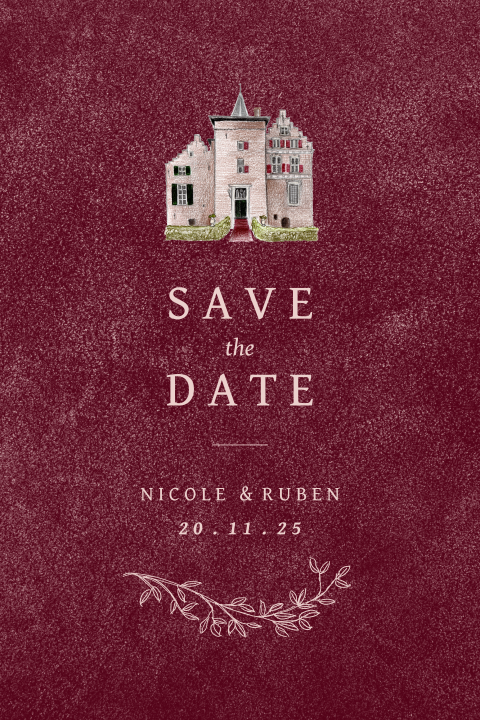 Save the Date kaart chique bordeaux trouwlocatie wijenburg