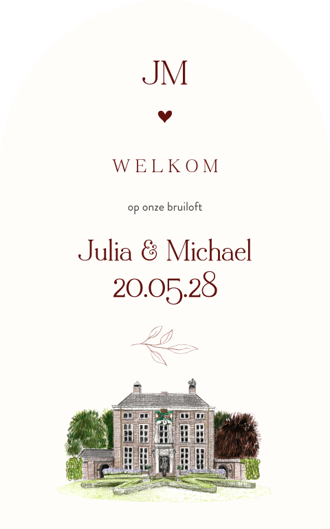 welkomstbord trouwlocatie originele vorm takje bordeaux