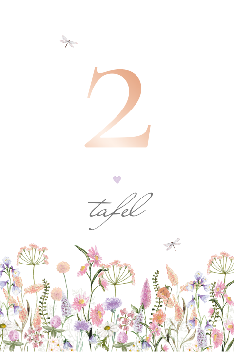 tafelnummer veldbloemen lila perzik roze rosefolie vorm boog