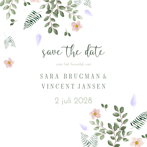romantische save the date met pastel bloemen blaadjes vierkant