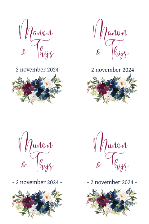 Modern labeltje met donkerblauwe bordeauxrode aquarel bloemen
