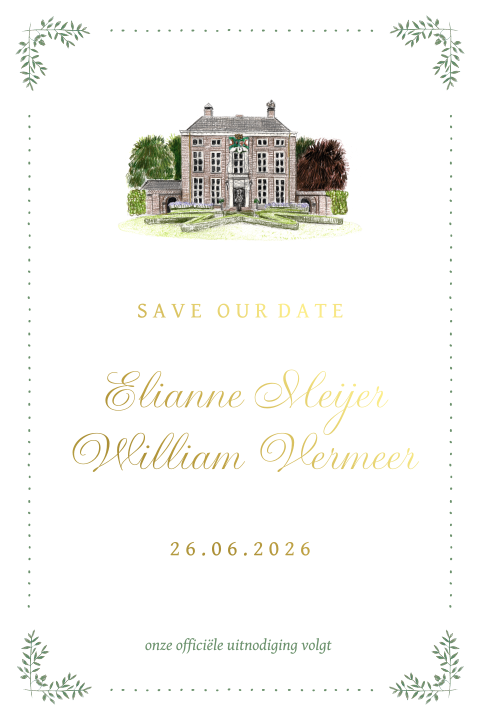 save the date kaart trouwlocatie havixhorst met goudfolie