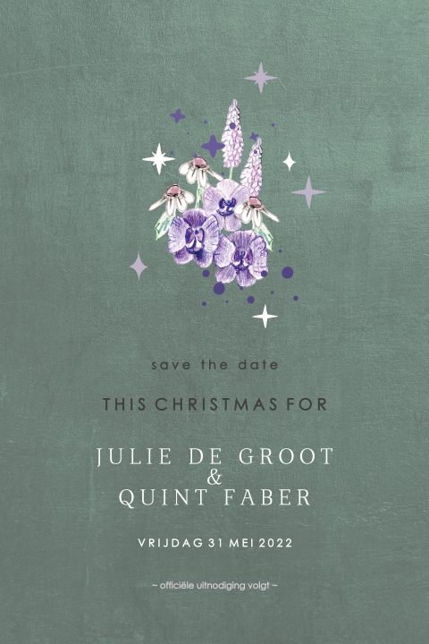 Romantische kerst save the date lila bloemen krans
