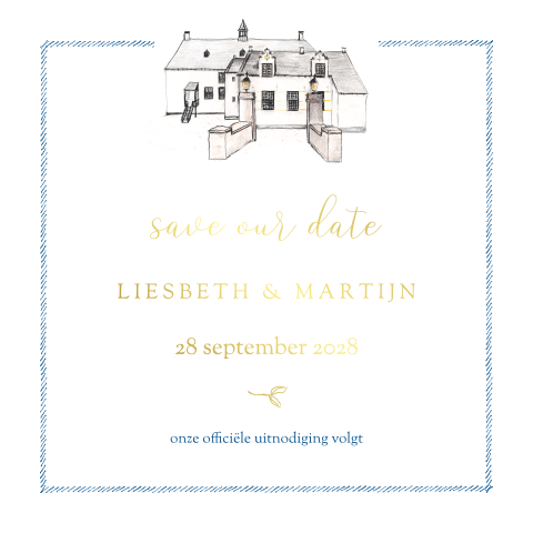 Save the date kaart trouwlocatie kader goudfolie