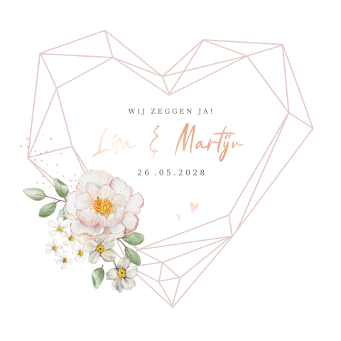 Trouwkaart Geometrisch hart bloemen blush