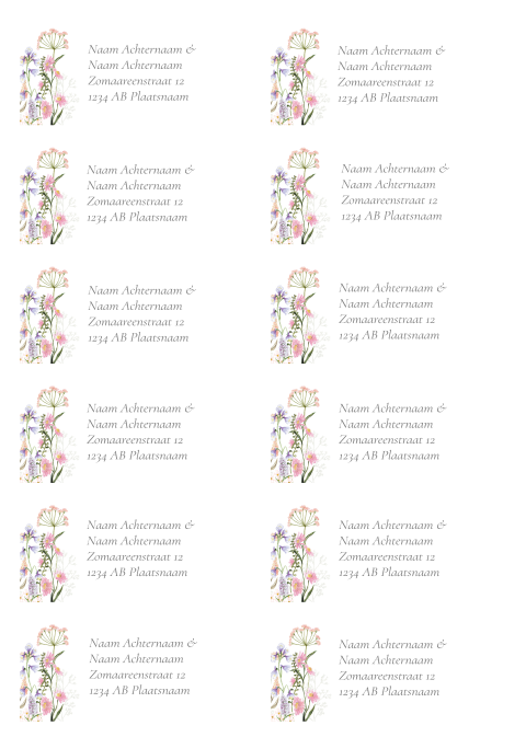adressticker veldbloemen lila perzik roze
