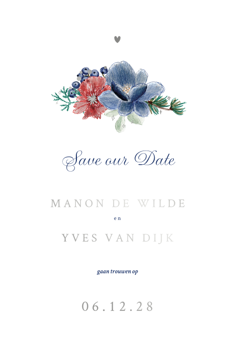 save the date kaart winter blauw rood bloemen zilverfolie