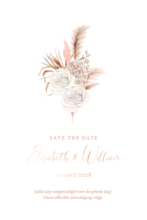 Save the date met droogbloemen rozen en rosefolie