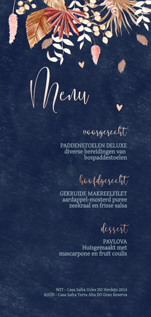 menukaart droogbloemen palmblad getekend blauw