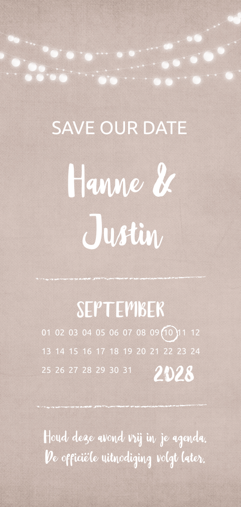 Moderne save the date met lampjesslinger