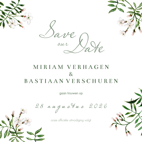 save the date met botanische jasmijn bloemen en takken