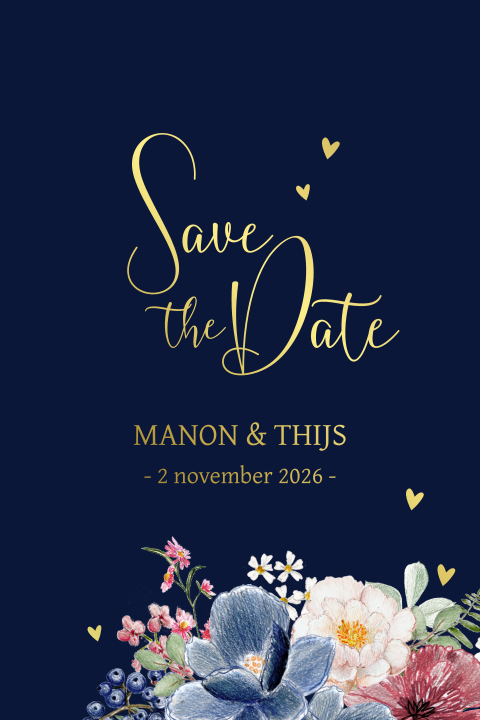 Donkerblauwe save the date goudfolie getekende bloemen
