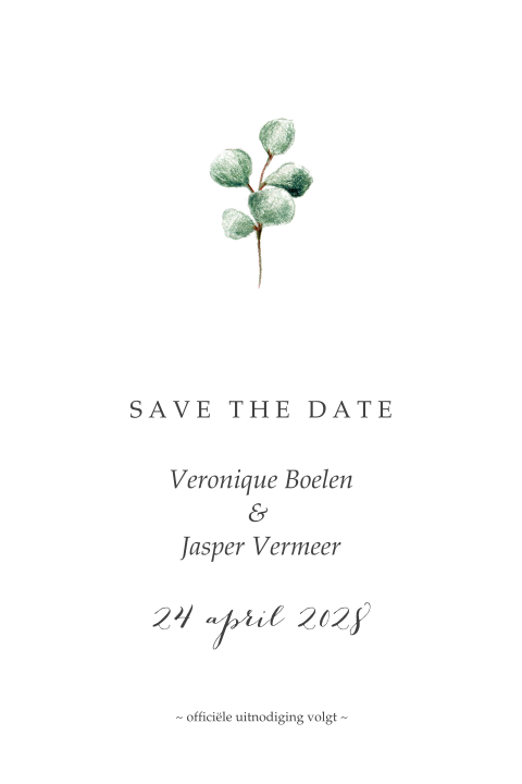 strakke save the date met eucalyptus takje
