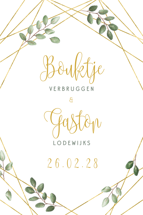 Trouwkaart met stoere takjes en gouden lijnen