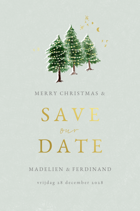 Kerst Save the date kerstbomen winter goudfolie