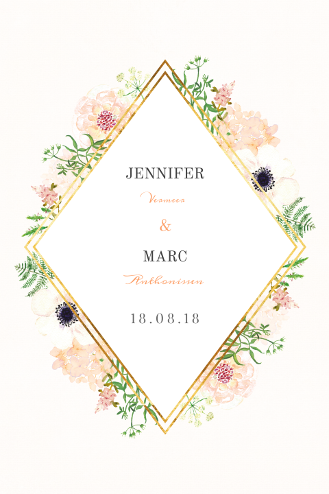 Trouwkaart waterverf bloemen met een gouden ruit