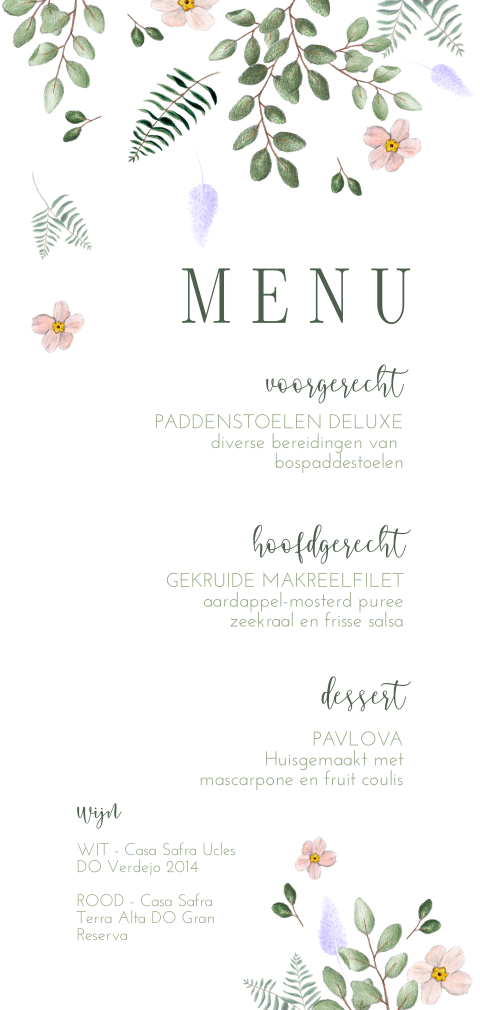 Romantische menukaart met pastel bloemen en blaadjes