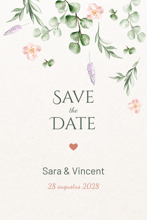 romantische save the date met pastel bloemen, blaadjes en hartje