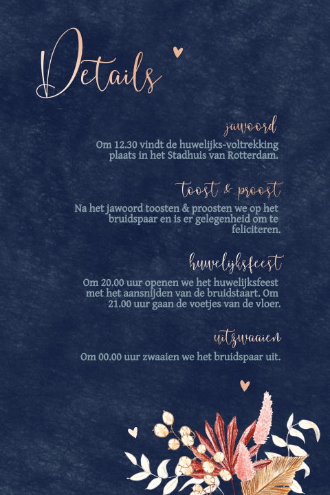 extra informatie kaartje droogbloemen palmblad getekend blauw
