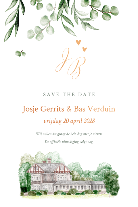 save the date kalkpapier trouwlocatie met blaadjes en koperfolie