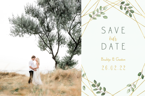 Save the date met foto, takjes en geometrische lijnen
