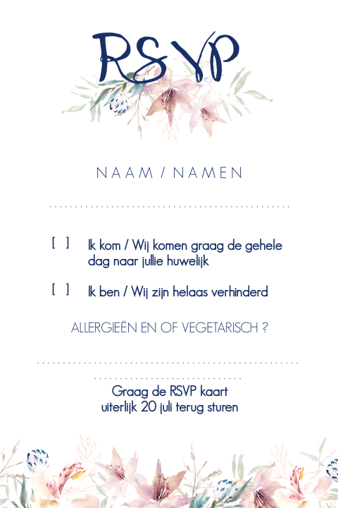 Stijlvolle rsvp kaart pastel aquarel bloemen