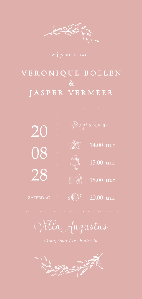 Trouwkaart getekende blaadjes icoontjes roze