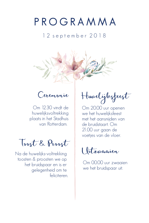 Programma kaartje pastel en blauw aquarel bloemen