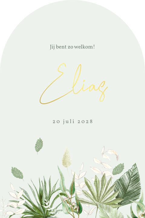 geboortekaartje jongen botanisch groen goudfolie boog vorm