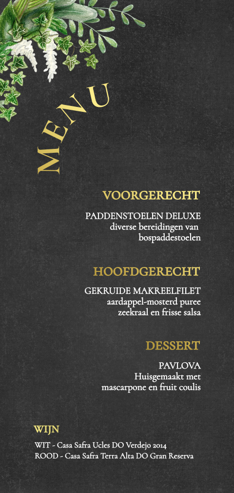menukaart botanisch modern blaadjes groen goudfolie
