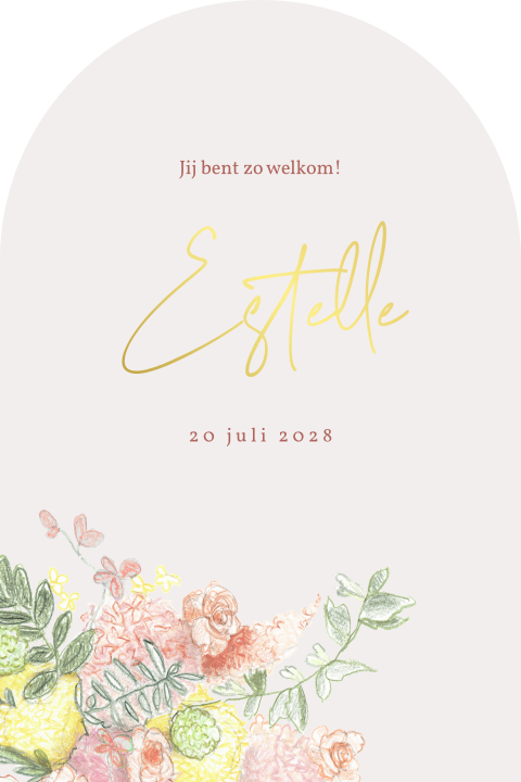 geboortekaartje meisje getekende bloemen goudfolie boog vorm