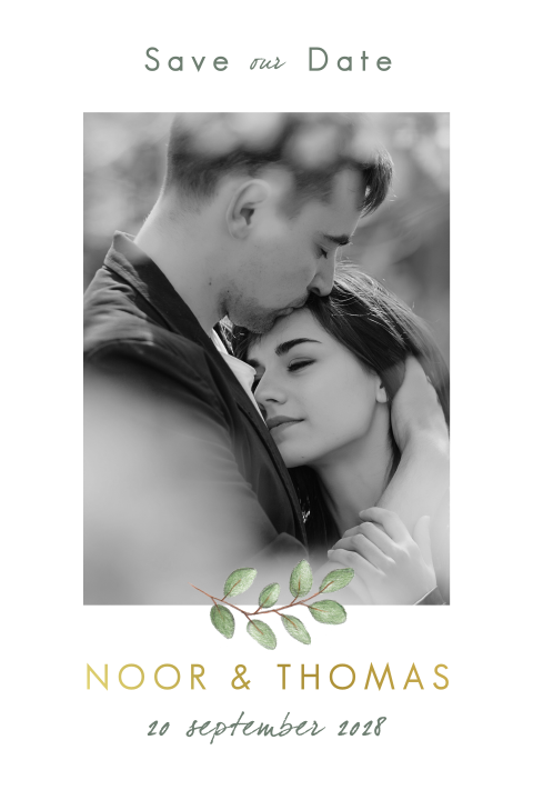 Moderne trendy save the date met botanische bladeren