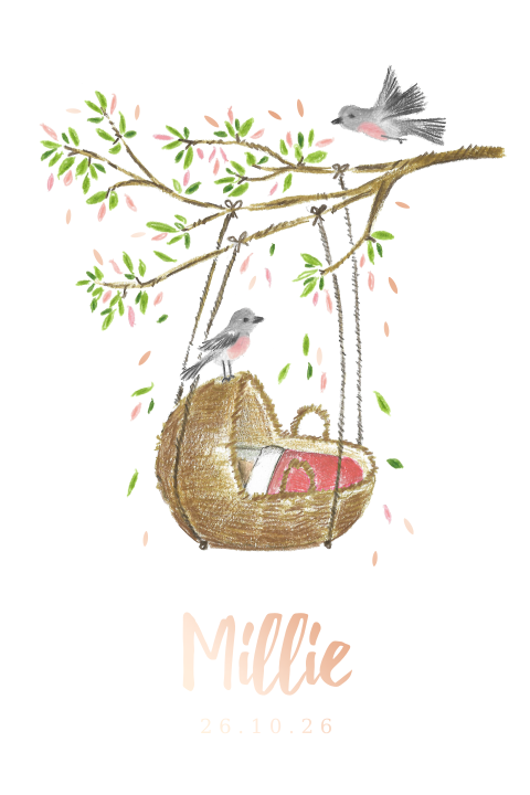 Geboortekaartje rosefolie wiegje meisje tak vogeltje