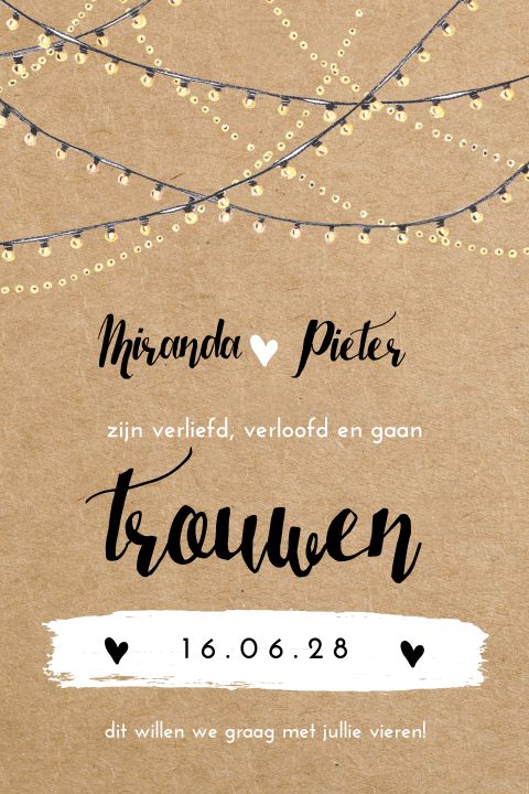 Feestelijke Trouwkaart met tijdslijn en lampjes