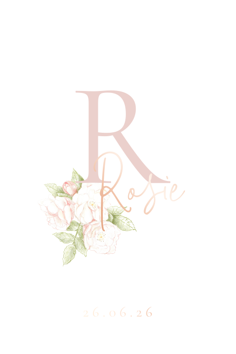 Geboortekaartje meisje initialen roze roos rosefolie letter