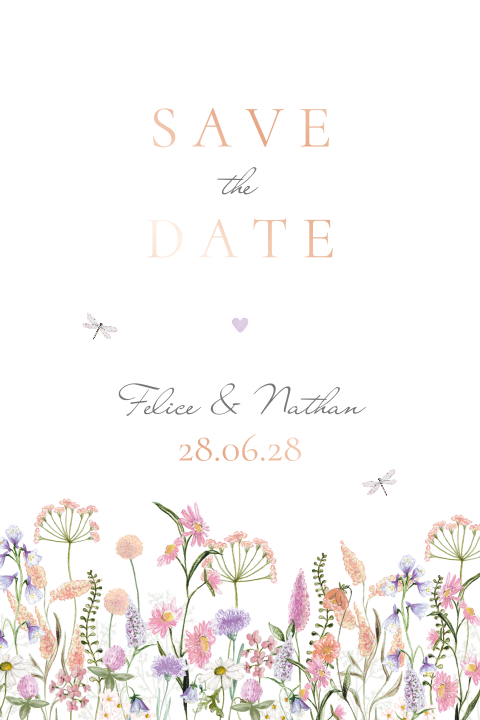 Save the date veldbloemen lila perzik roze