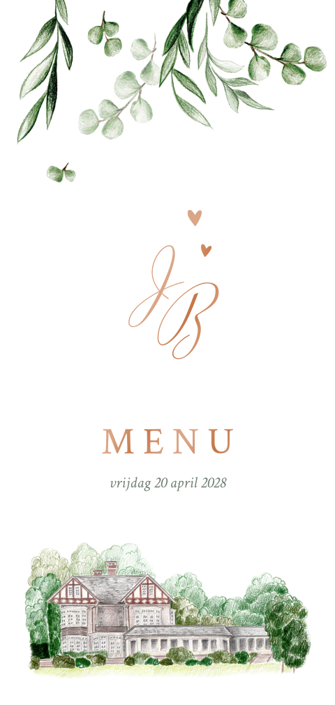 menukaart trouwlocatie met blaadjes en goudfolie
