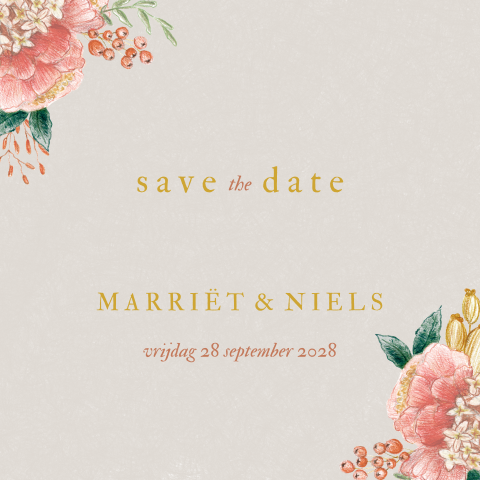 save the date klassiek getekend Bloemen beige