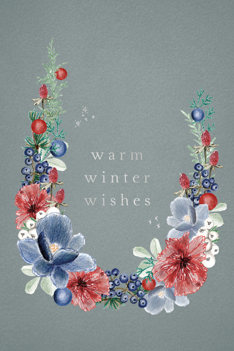 Kerstkaart krans winter blauw rood handgetekend