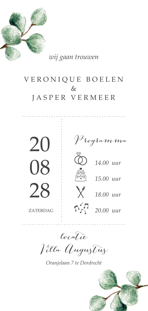 Trendy trouwkaart met eucalyptus en programma