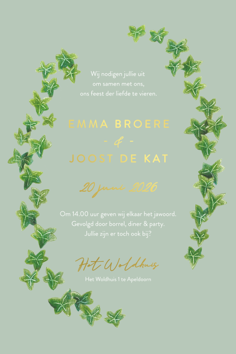 trouwkaart met groene klimop blaadjes