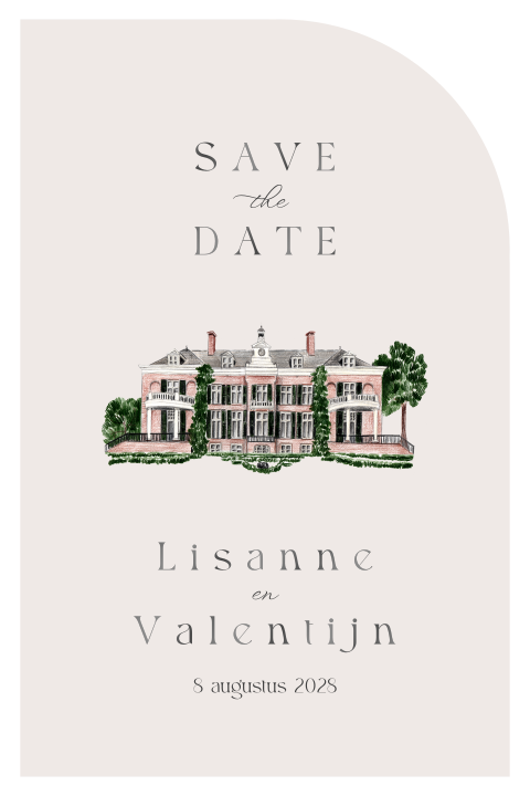 Save the date kaart met trouwlocatie Rhederoord halfrond soft clean