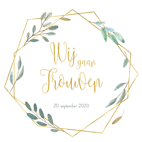 Trouwkaart met stoere takjes en gouden geometrische vorm