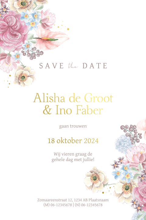 save the date kaart kalkpapier pastel bloemen romantisch goudfolie